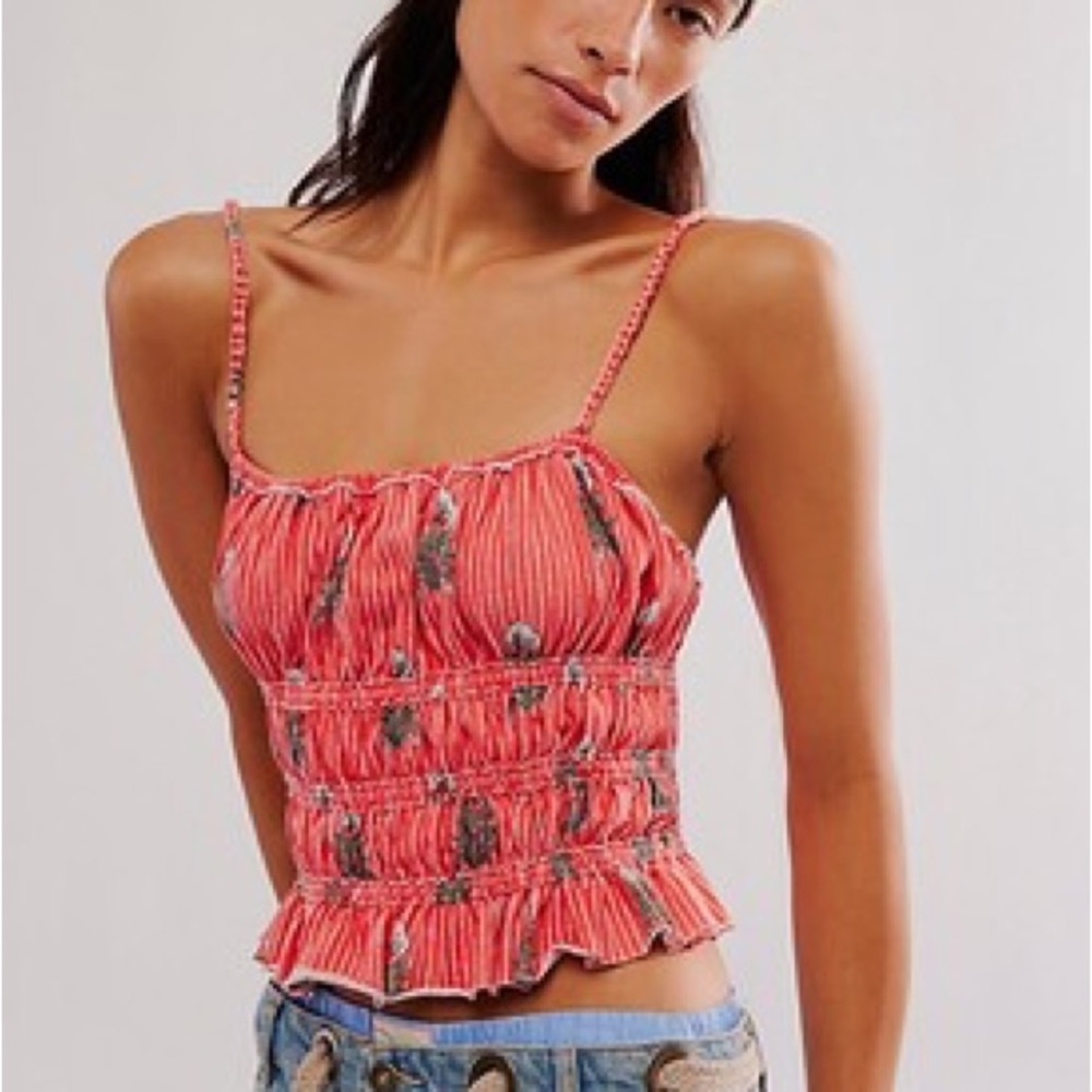 Free People Coral Pink Striped Smocked Tank Top